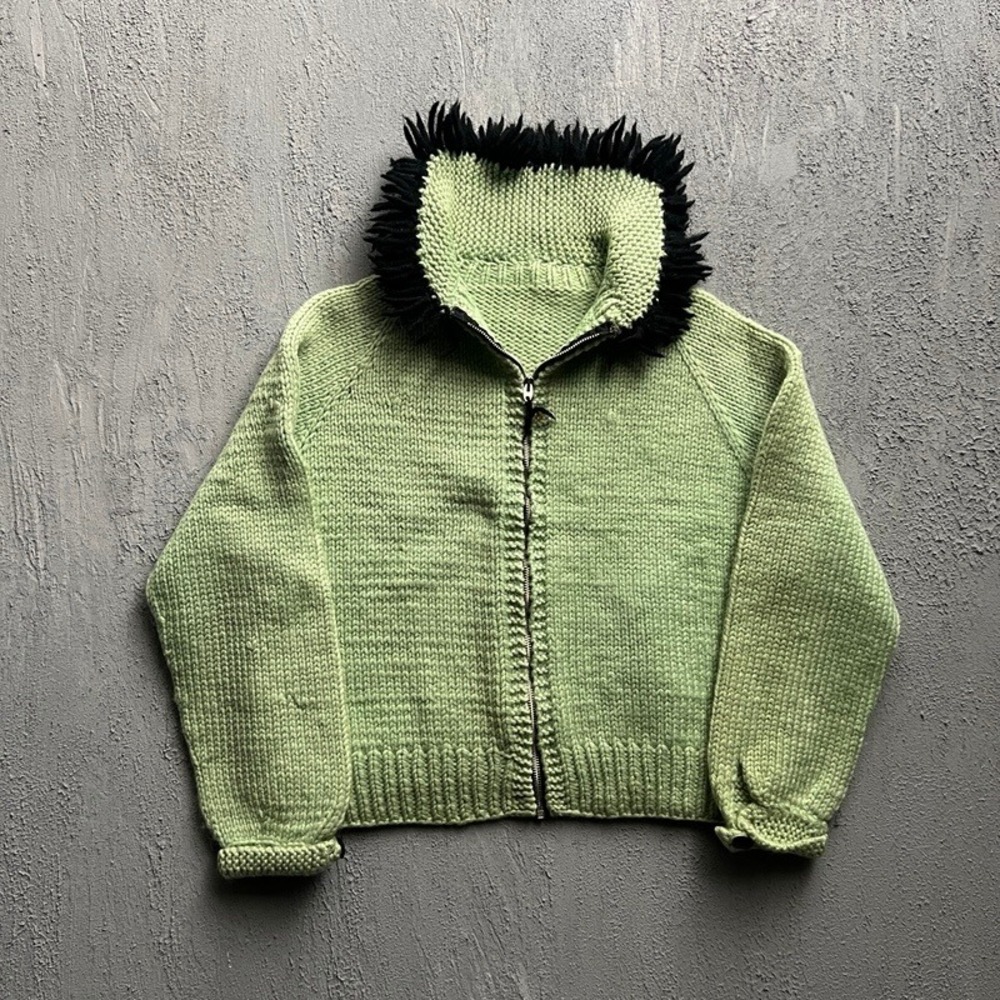 Vintage Cowichan Full Zip Sweater Women's Medium Green 1960s Shag Fringe Chunky